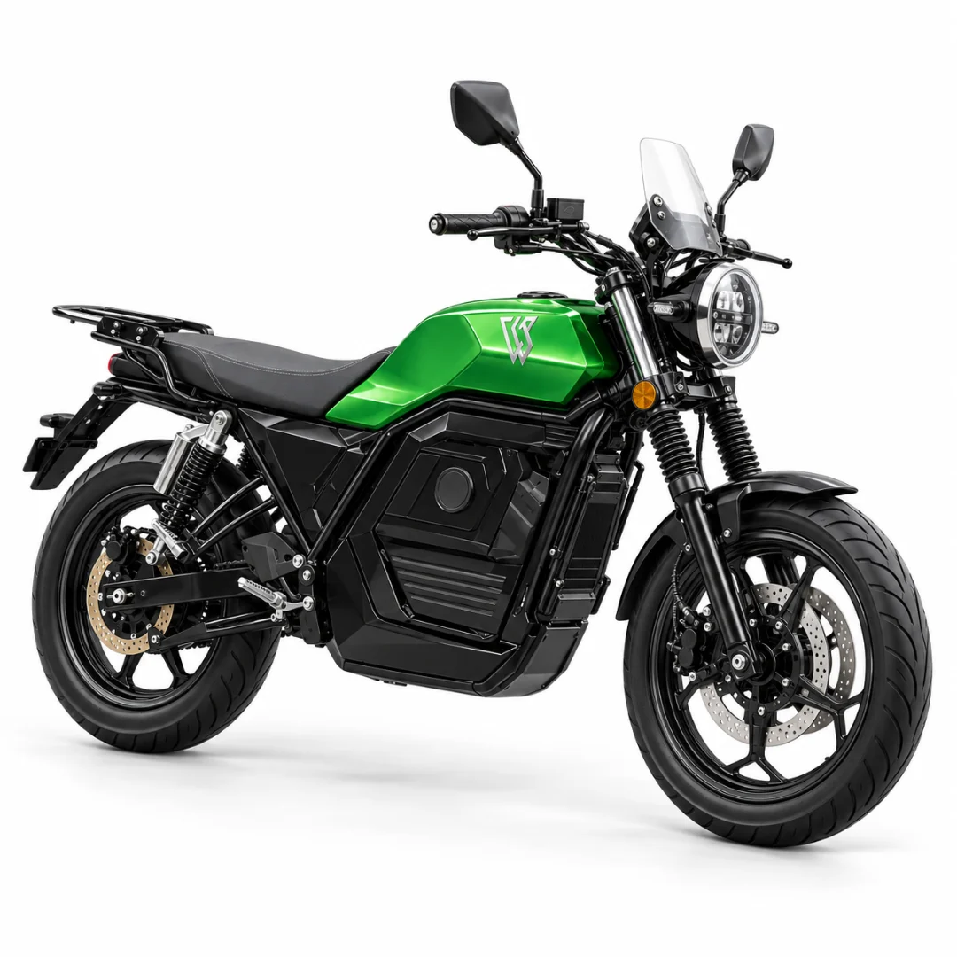VEGO 2030 electric motorcycle, three-quarter view